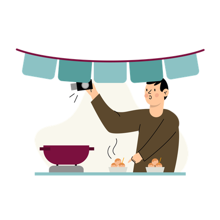 市場の屋台の下で料理ビデオを作る少年  イラスト