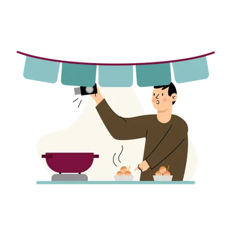 市場の屋台の下で料理ビデオを作る少年  イラスト