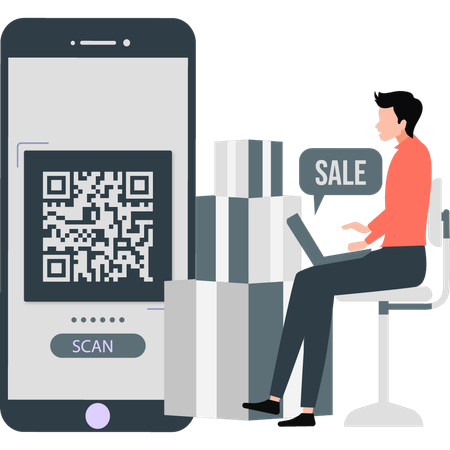 Boy making online QR payment  Illustration