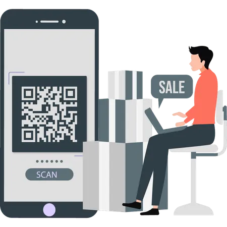 Boy making online QR payment  Illustration