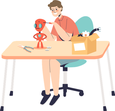 Boy making robot for school project  Illustration