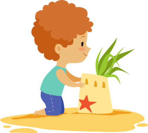 Boy making sand castle  Illustration