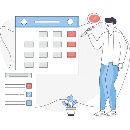 Boy making schedule on calendar  Illustration