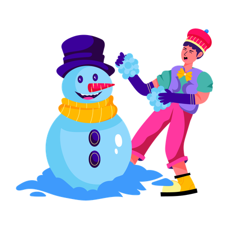 雪だるまを作る少年  イラスト