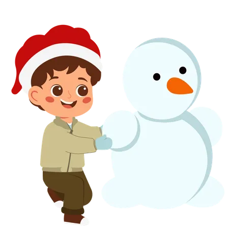 雪だるまを作る少年  イラスト