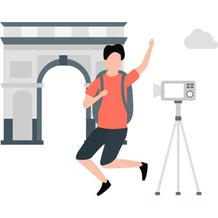 Boy making travel vlog  Illustration