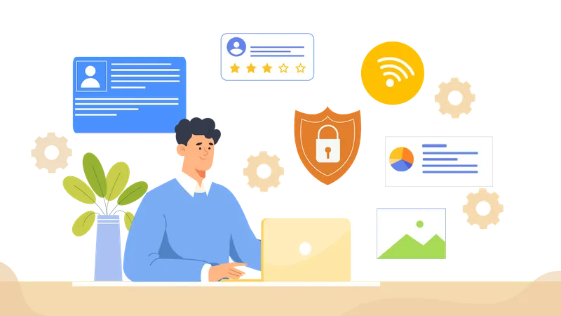 Boy managing cybersecurity  Illustration