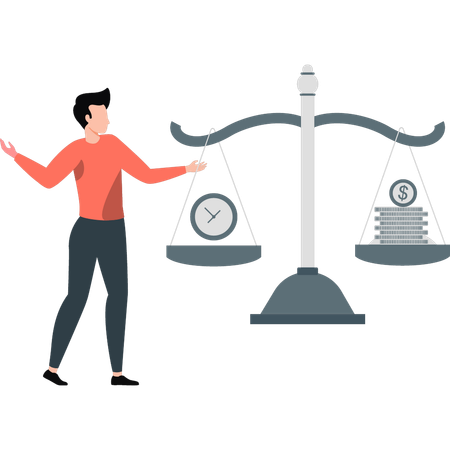 Boy managing time and finances on balance scale  Illustration