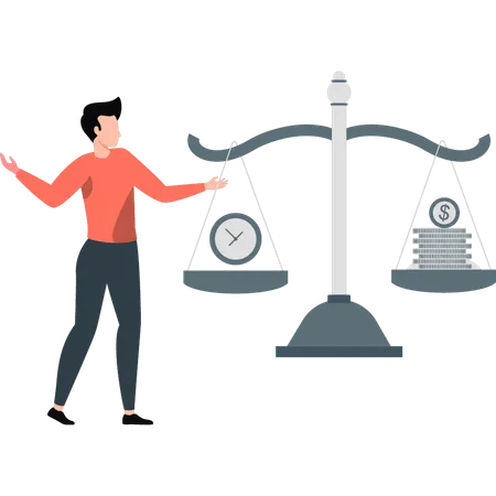 Boy managing time and finances on balance scale  Illustration