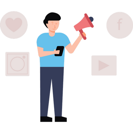 Boy marketing with megaphone on social platform  Illustration
