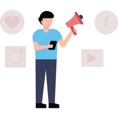 Boy marketing with megaphone on social platform  Illustration