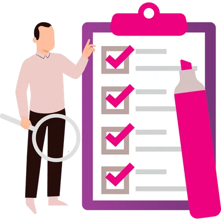 Boy marking checklist with highlighter  Illustration