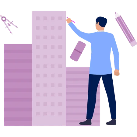 Boy measuring building with measurement tool  Illustration