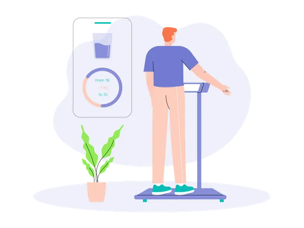 Boy measuring weight on weighing scale  Illustration