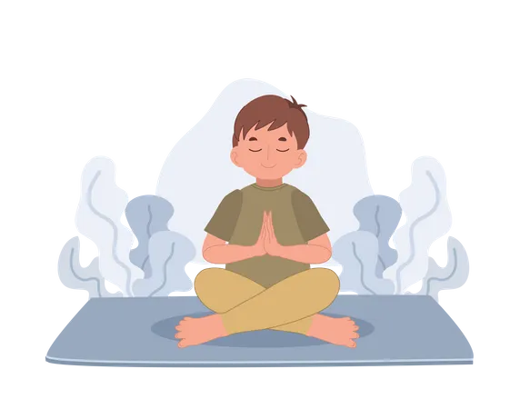 Boy Meditating In Lotus Pose Meditation For Children Flat Vector Cartoon Character Illustration Illustration
