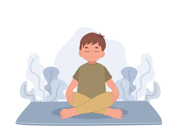 Boy Meditating In Lotus Pose Meditation For Children Flat Vector Cartoon Character Illustration Illustration