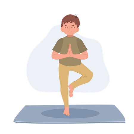 Boy meditating in Vrikshasana tree pose  Illustration