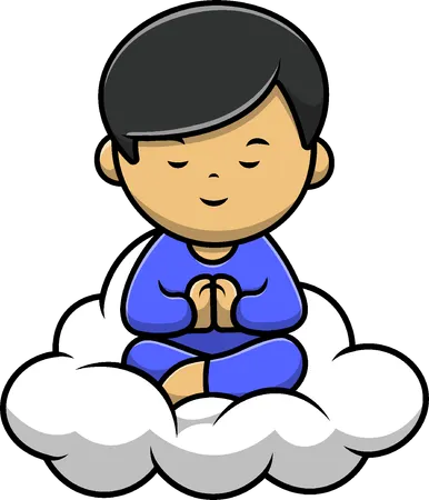 Boy Meditating Yoga On Cloud  Illustration