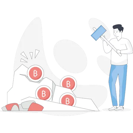 Boy mining bitcoin  Illustration