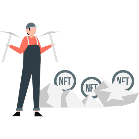 Boy mining NFT coins  Illustration