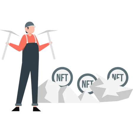 Boy mining NFT coins  Illustration