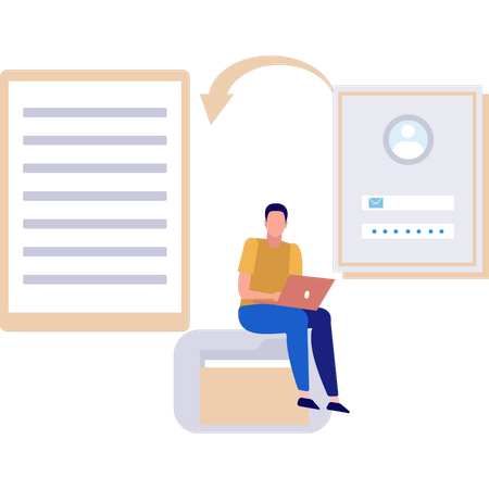 Boy montre les données du compte utilisateur en cours de conversion en document  Illustration