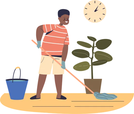 Boy Kid Mopping Floor In Living Room Small Child Help Do Housework At Home Children Helping With Household And Housekeeping Concept Cartoon Flat Vector Illustration Illustration