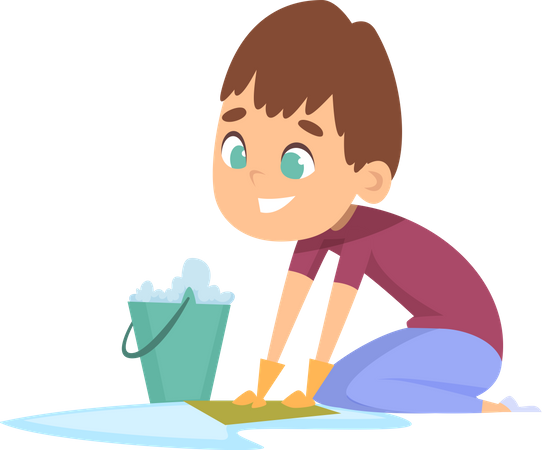 Boy mopping floor using wet cloth Illustration