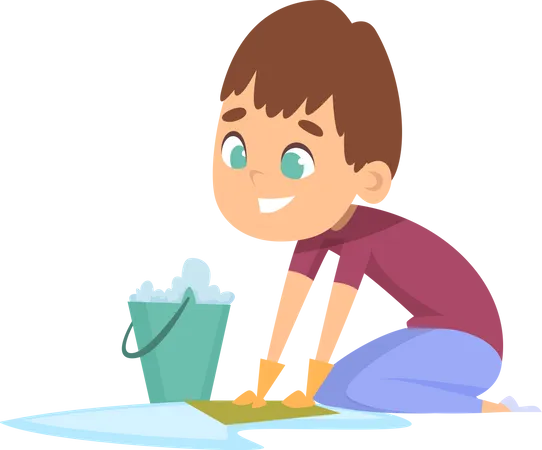 Boy mopping floor using wet cloth Illustration