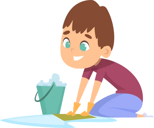 Boy mopping floor using wet cloth  Illustration