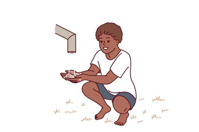 Boy needs drinking water from public water faucet  Illustration