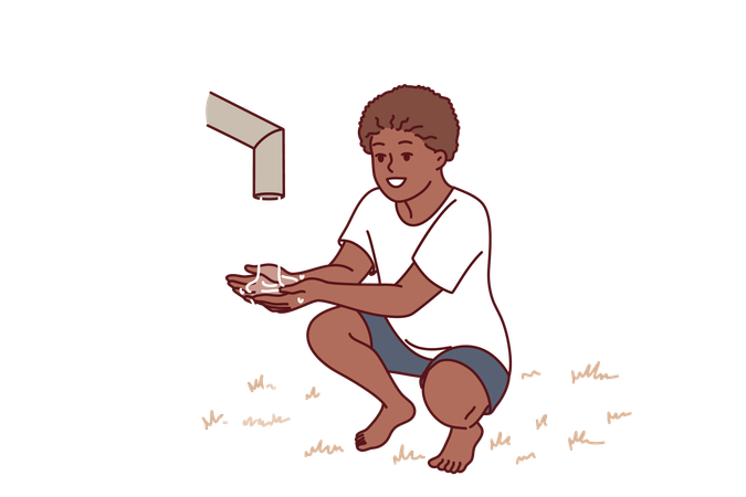 Boy needs drinking water from public water faucet  Illustration