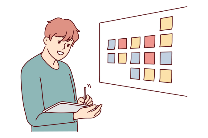 Boy noting task from task board  Illustration