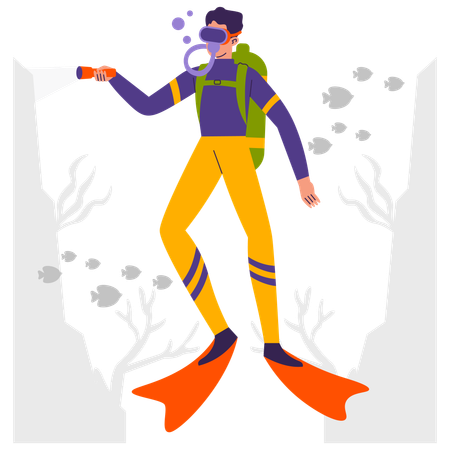 Boy on a underwater exploration with scuba gear  Illustration