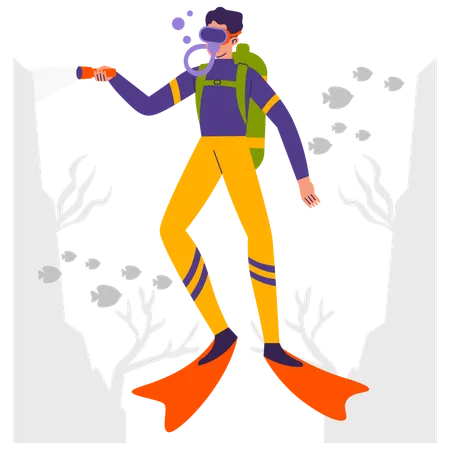 Boy on a underwater exploration with scuba gear  Illustration