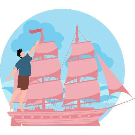 Boy on boat in sea Illustration