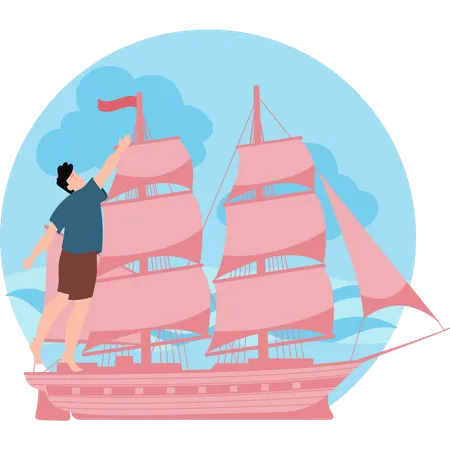 Boy on boat in sea  Illustration