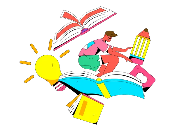 Boy on book while getting creative knowledge  Illustration