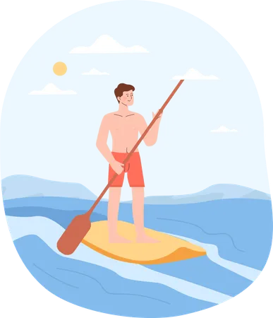 Boy on kayak at beach  Illustration