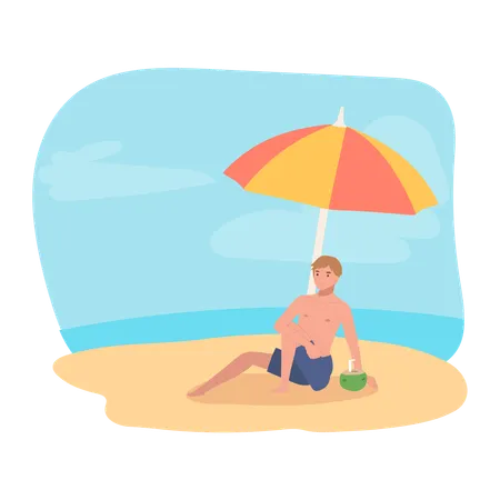 Summer Vacation Concept Beach Sunbathing Man Lounging On Beach Illustration