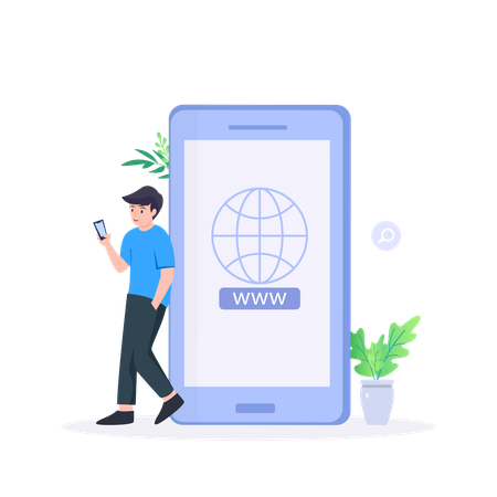 Boy open browser on mobile  Illustration