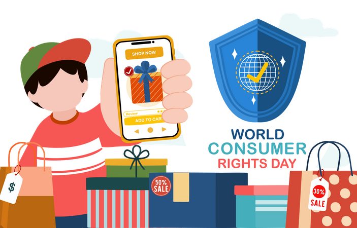 Boy order online using consumer rights Illustration