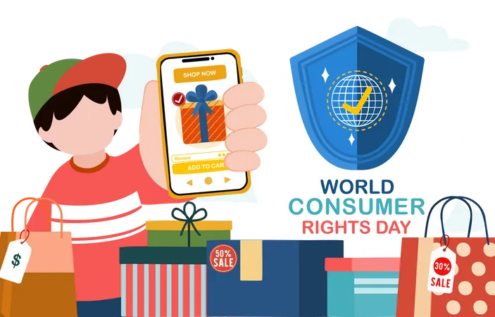 Boy order online using consumer rights  Illustration