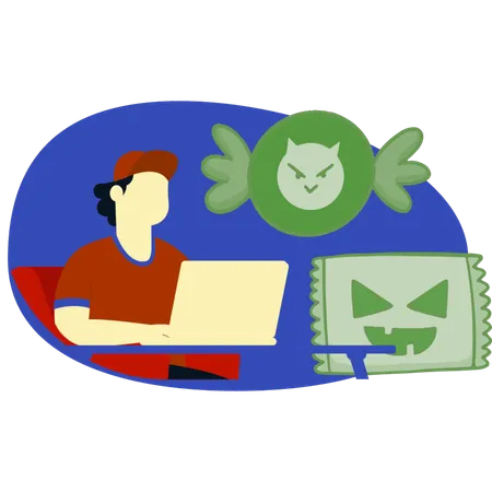 Boy ordering halloween candy on laptop  Illustration