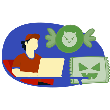 Boy ordering halloween candy on laptop  Illustration