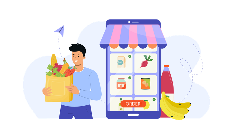 Boy ordering online groceries  Illustration