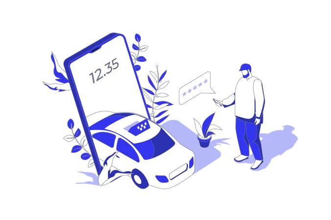 Taxi Booking 3 D Isometric Concept In Isometry Graphic Design For Web People Scene With Man Ordering Taxi Car Sing Mobile App Using Best Rating Driver And Leaving Client Comment Vector Illustration Illustration