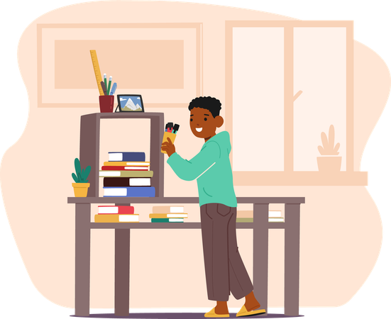 Boy organising book  Illustration