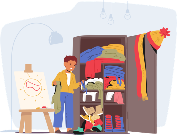 Boy organising messy closet  Illustration