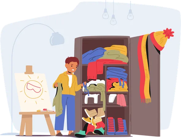 Boy organising messy closet  Illustration